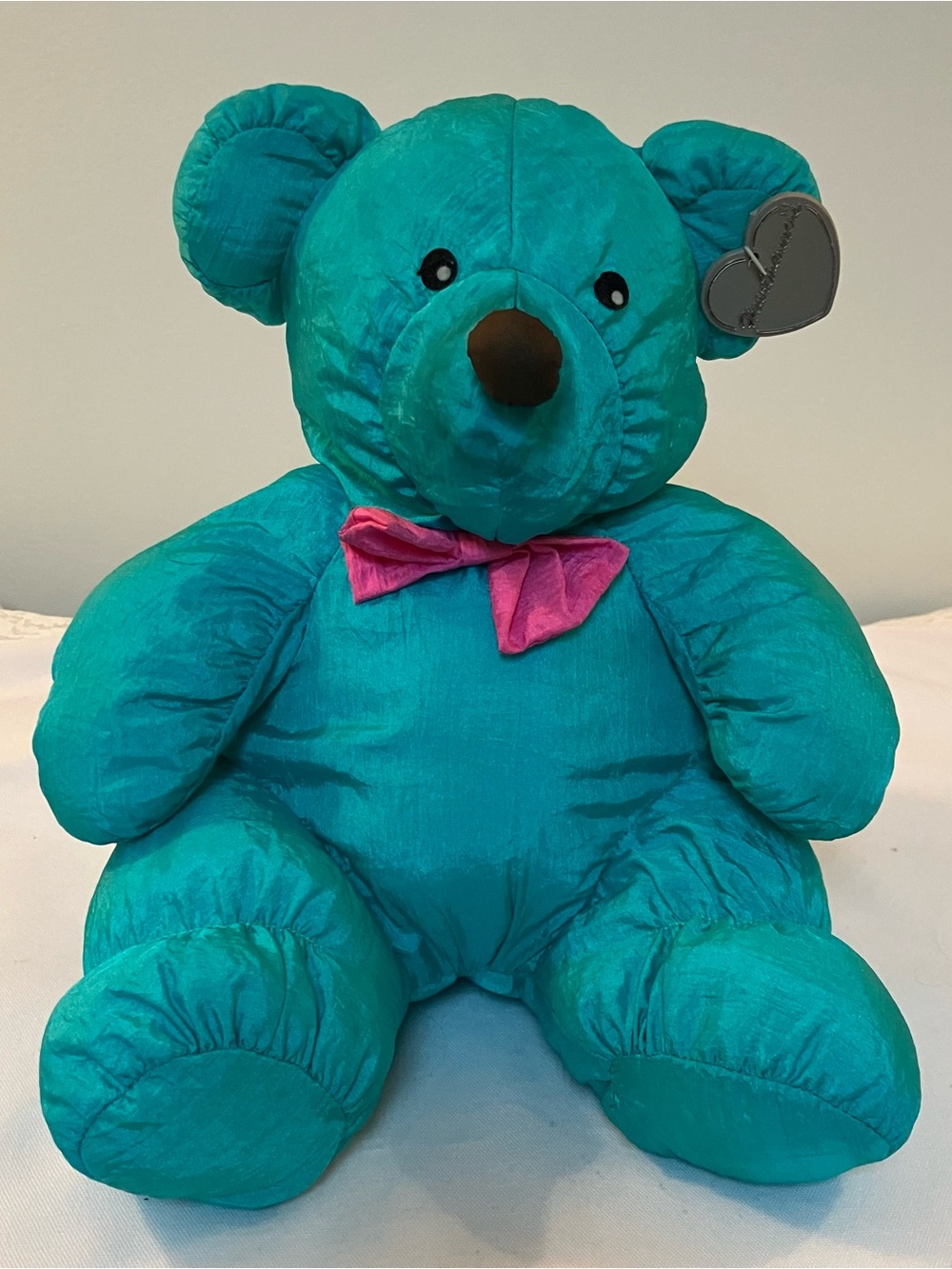 VTG 90s Carlton Cards Heartwarmers Teal Nylon Parachute Bear Plush Pink Bow
